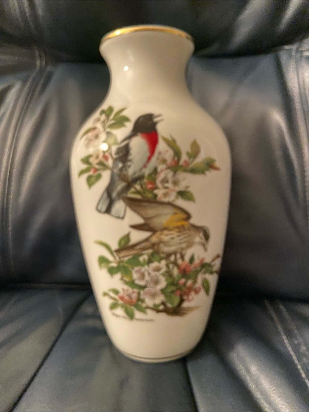 Porcelain Bird & Blossom Vase in White with Gold Trim